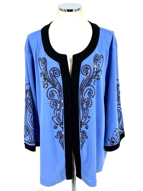 Bob Mackie Sweaters - Bob Mackie Womens Cardigan Blue Black Sz 3XL Wearable Art Sequin Embellished